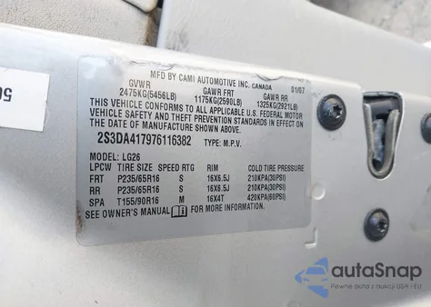 2007 Suzuki Xl7 Luxury z USA, uszkodzony, nr VIN 2S3DA417976116382